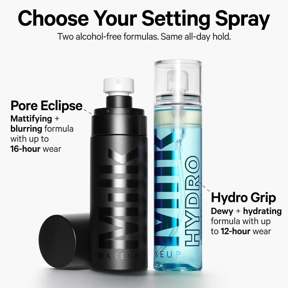 Milk Makeup Hydro Grip Set y Refresh Spray: Fijador e hidratante facial con ácido hialurónico. Mantiene el maquillaje 12 horas