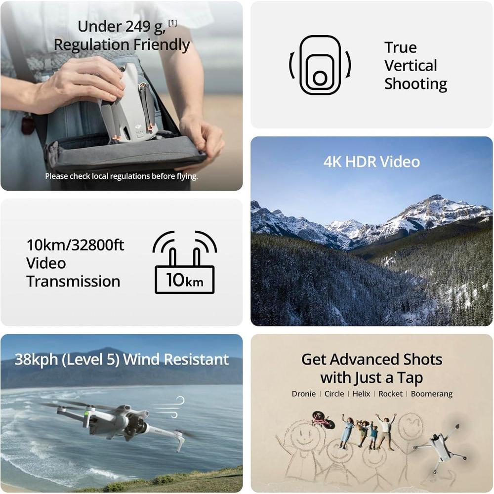 DJI Mini 3, dron para adultos con cámara 4K, 38 min de vuelo, transmisión de video de 10 km, captura vertical, GPS integrado