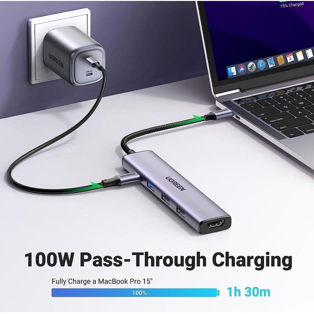 UGREEN Revodok 105 USB C Hub Adaptador multipuerto HDMI 4K, entrega de energía 100W, 3 puertos USB-A para MacBook Pro/Air, iPad Pro