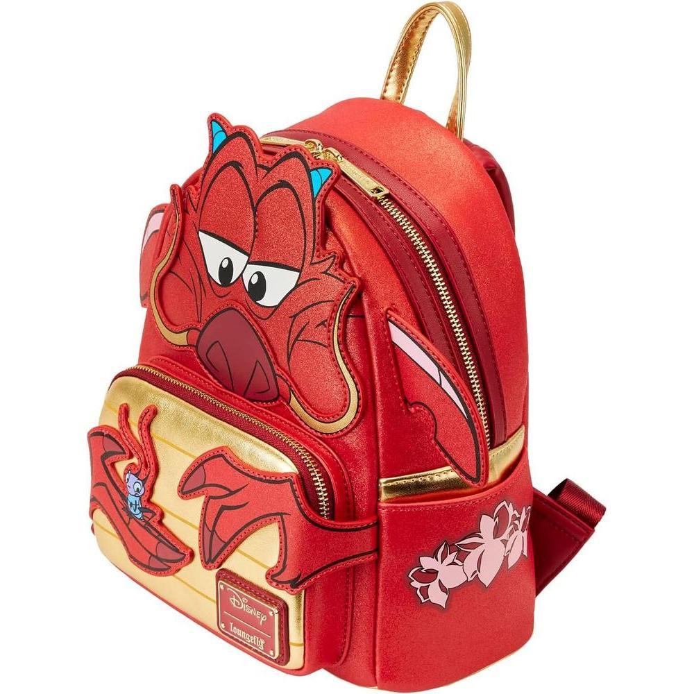 Mochila Loungefly Disney Mulan 25 aniversario Mushu Glitter Cosplay, diseño detallado y calidad premium