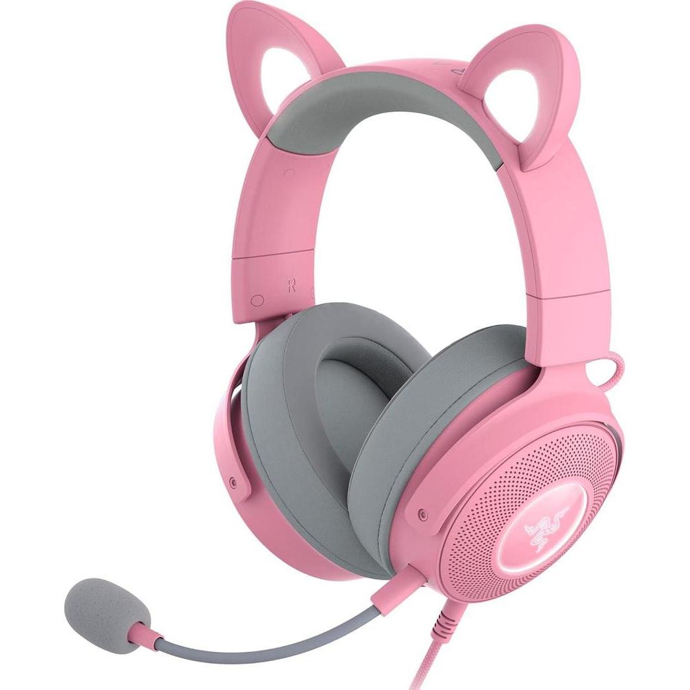 Razer Kraken Kitty V2 Pro Wired RGB Headset: Interchangeable Ears (Kitty, Bear, Bunny) - Stream Reactive Lighting - Detachable HyperClear Cardioid Mic - 50mm Drivers - 7.1 Surround Sound - Quartz Pink