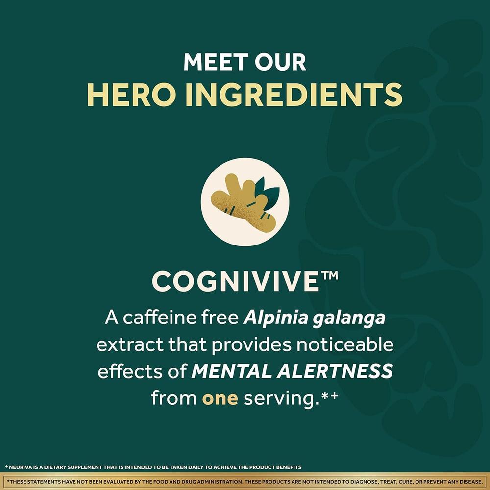 NEURIVA Suplemento cerebral nootrópico sin cafeína probando para alerta mental, memoria, enfoque y concentración.