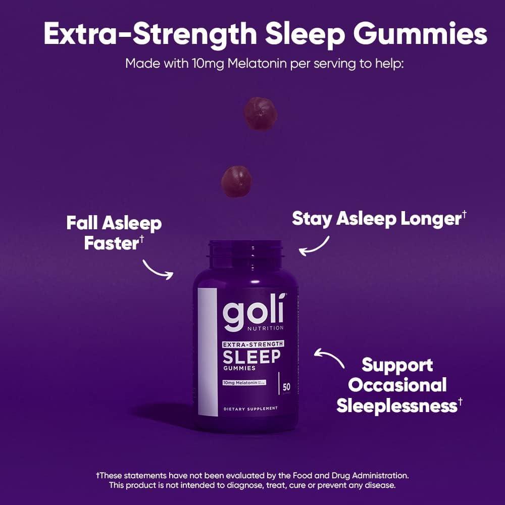 Suplemento Goli para Dormir, Gummy Melatonina Extra Fuerte 10mg - Vegano, Sin Gluten, No Transgénico, Sin Gelatina, 50 unidades