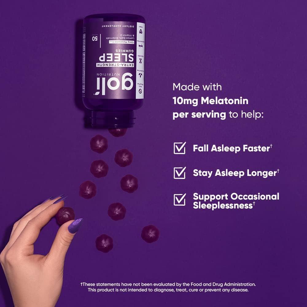 Suplemento Goli para Dormir, Gummy Melatonina Extra Fuerte 10mg - Vegano, Sin Gluten, No Transgénico, Sin Gelatina, 50 unidades