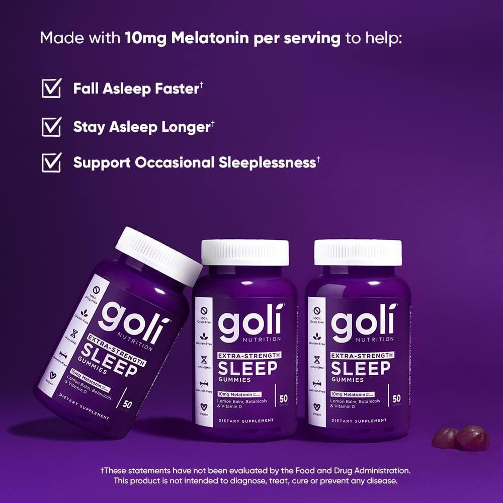 Suplemento Goli para Dormir, Gummy Melatonina Extra Fuerte 10mg - Vegano, Sin Gluten, No Transgénico, Sin Gelatina, 50 unidades