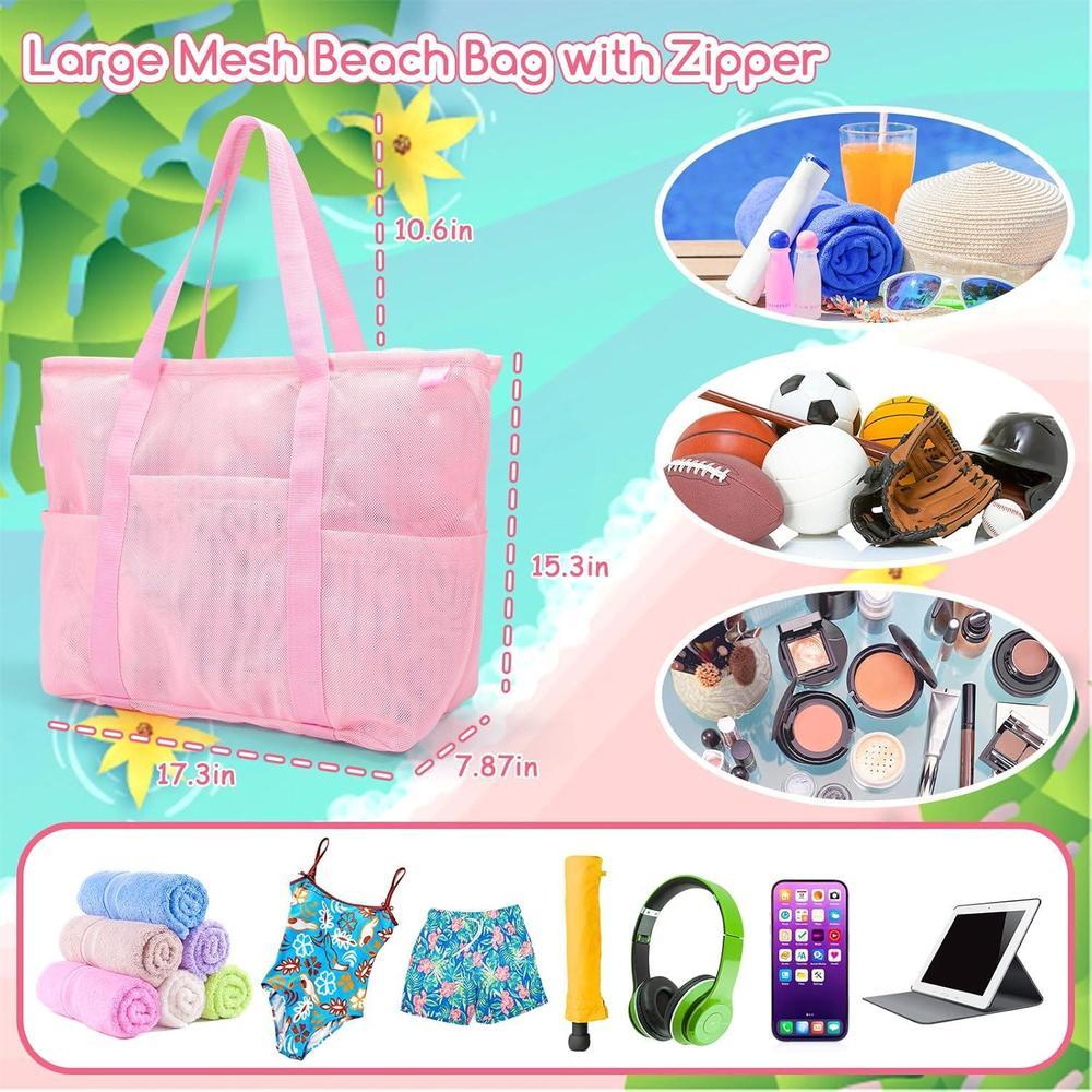 Tagitary Bolsa de playa de malla impermeable con cremallera y 8 bolsillos, ideal para juguetes y accesorios de playa