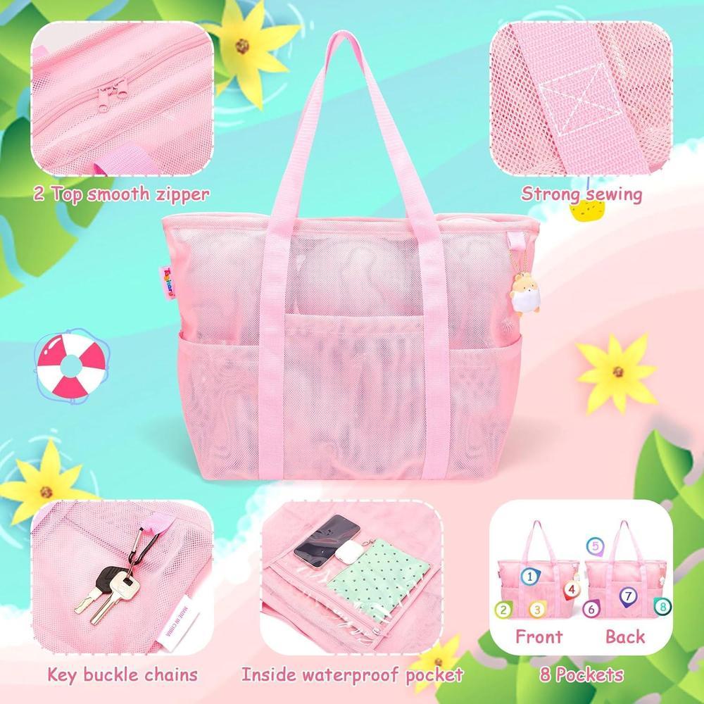 Tagitary Bolsa de playa de malla impermeable con cremallera y 8 bolsillos, ideal para juguetes y accesorios de playa