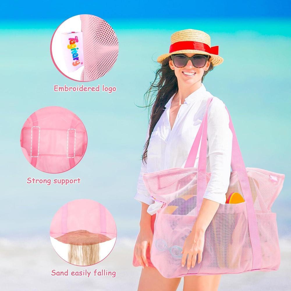 Tagitary Bolsa de playa de malla impermeable con cremallera y 8 bolsillos, ideal para juguetes y accesorios de playa