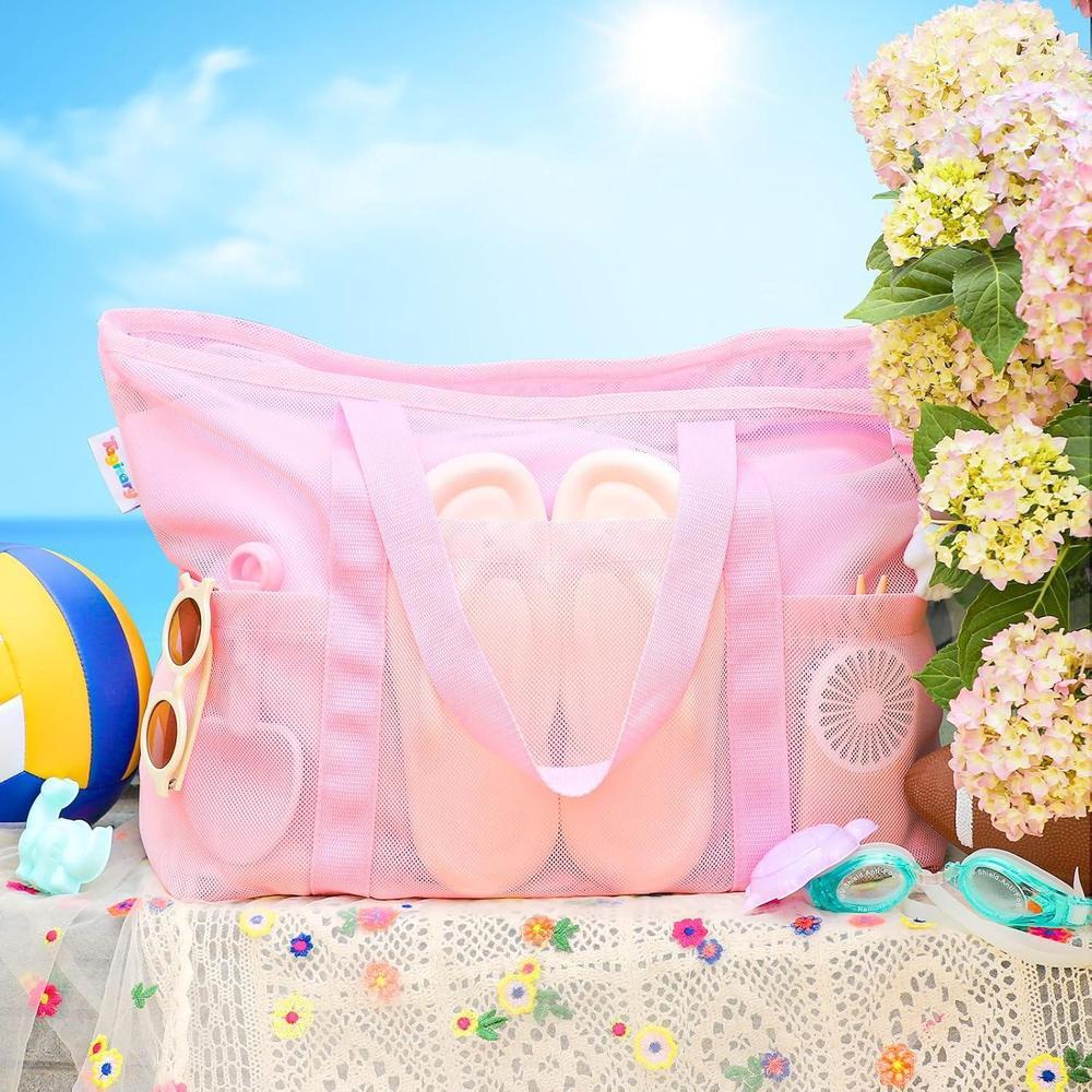 Tagitary Bolsa de playa de malla impermeable con cremallera y 8 bolsillos, ideal para juguetes y accesorios de playa