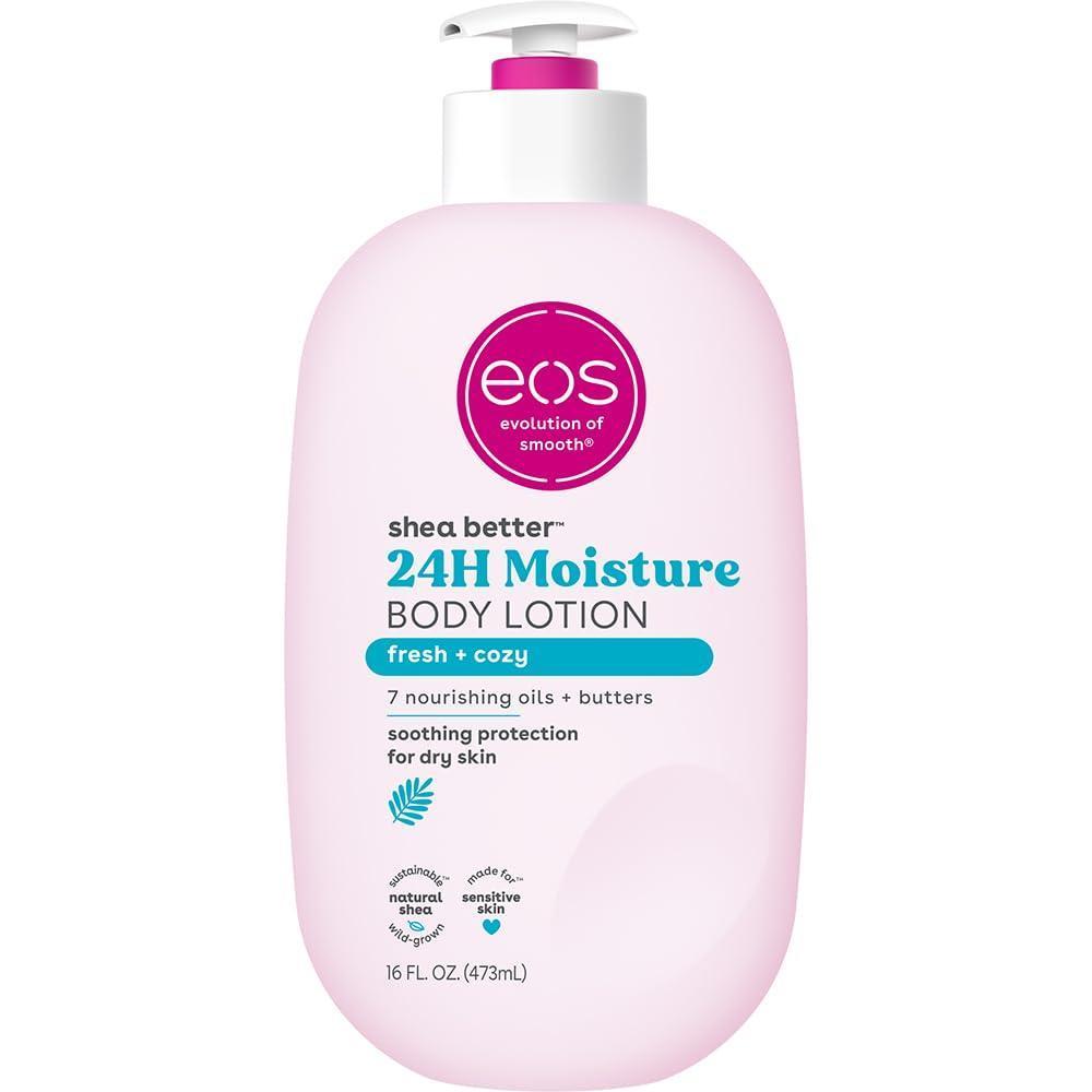 eos Shea Better Loción corporal, fresca y acogedora, cuidado de la piel con humedad las 24 horas, ligera y no grasosa, karité natural, vegano, 16 onzas líquidas