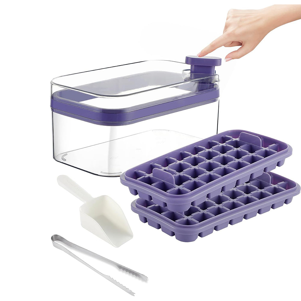 Ice Cube Trays with LId and Bin, Easy Release Ice Trays for Freezer, 2 Pack Ice Cube Molds, 64 Pcs Ice Cube Tray, Large Capacity Ice Tray Holder, Includes Ice Tong, Ice Spoon, for Whiskey, Cocktail.