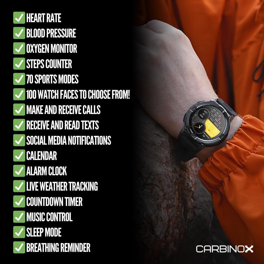 CARBINOX X-Ranger Smart Watch con llamadas, rastreador fitness resistente al agua IP69K, compatible Android e iOS, pantalla AMOLED