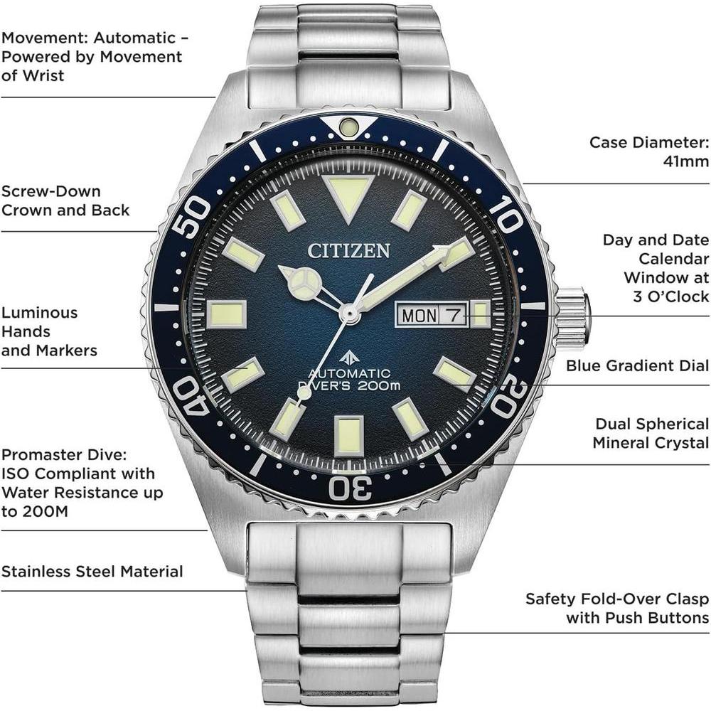 Reloj Citizen Promaster Dive automático de acero inoxidable con esfera degradado azul, certificado ISO (Modelo: NY0129-58L)