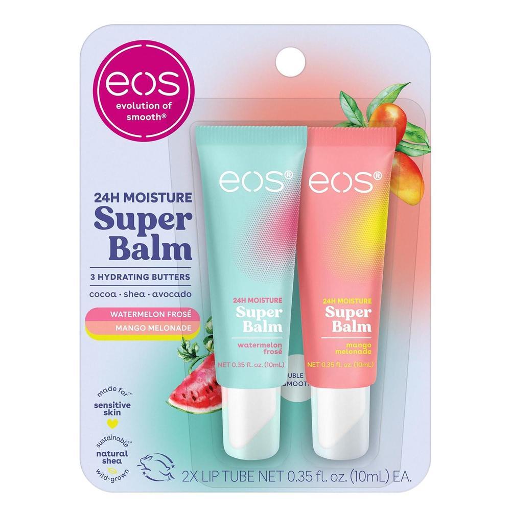 eos 24H Moisture Super Balm- Watermelon Frosé & Mango Melonade, mascarilla labial, tratamiento labial de día o noche, hecho para pieles sensibles, 0.35 onzas líquidas, paquete de 2