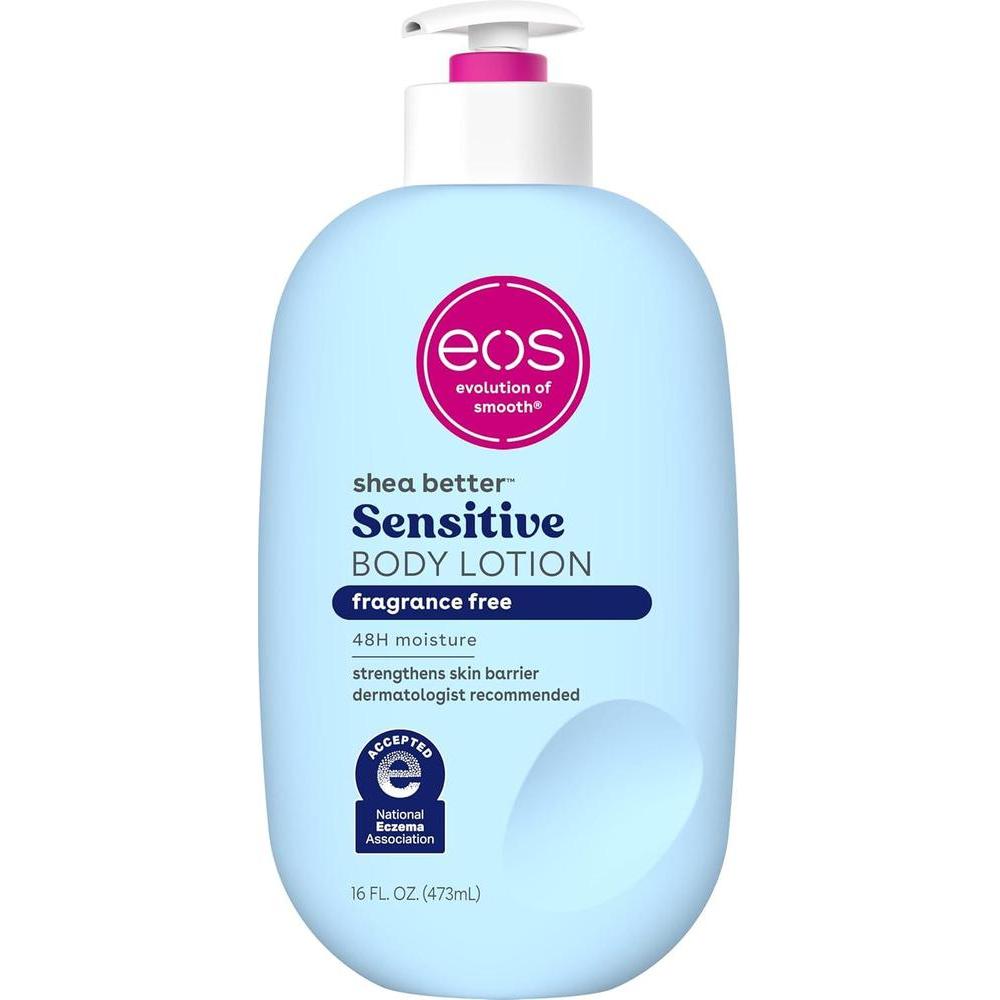 eos Shea Better - Loción corporal para piel sensible, cuidado de la piel con humedad de 48 horas, para piel seca, loción corporal sin fragancia, loción para eczema, vegano, 16 onzas líquidas (el embalaje puede variar)