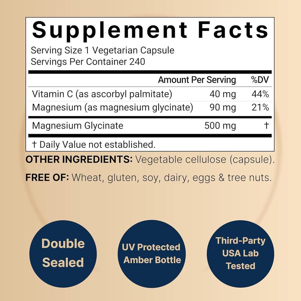 Cápsulas de glicinato de magnesio 500 mg, 240 unidades, 100% quelado, probado por terceros, sin OGM y sin gluten