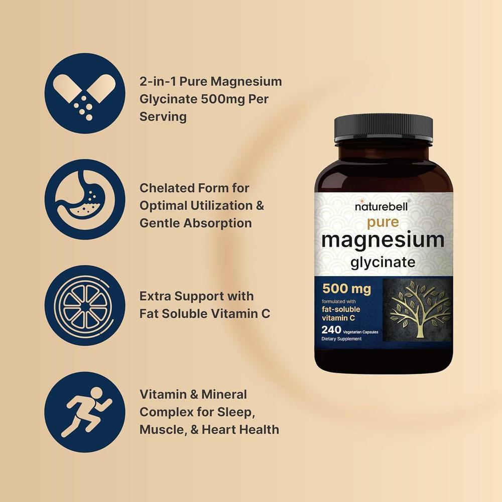 Cápsulas de glicinato de magnesio 500 mg, 240 unidades, 100% quelado, probado por terceros, sin OGM y sin gluten