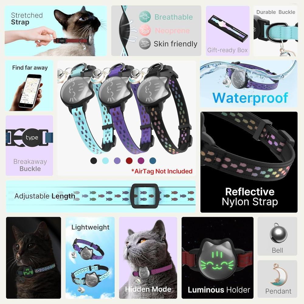 Collar de gato Airtag impermeable con patrón de pez luminoso y soporte oculto, ideal para rastrear a tu gato