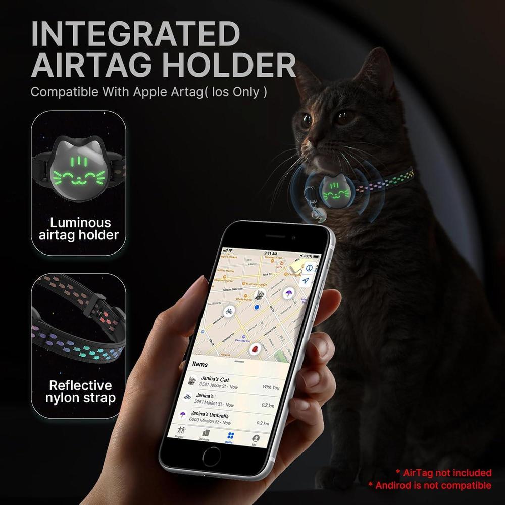 Collar de gato Airtag impermeable con patrón de pez luminoso y soporte oculto, ideal para rastrear a tu gato