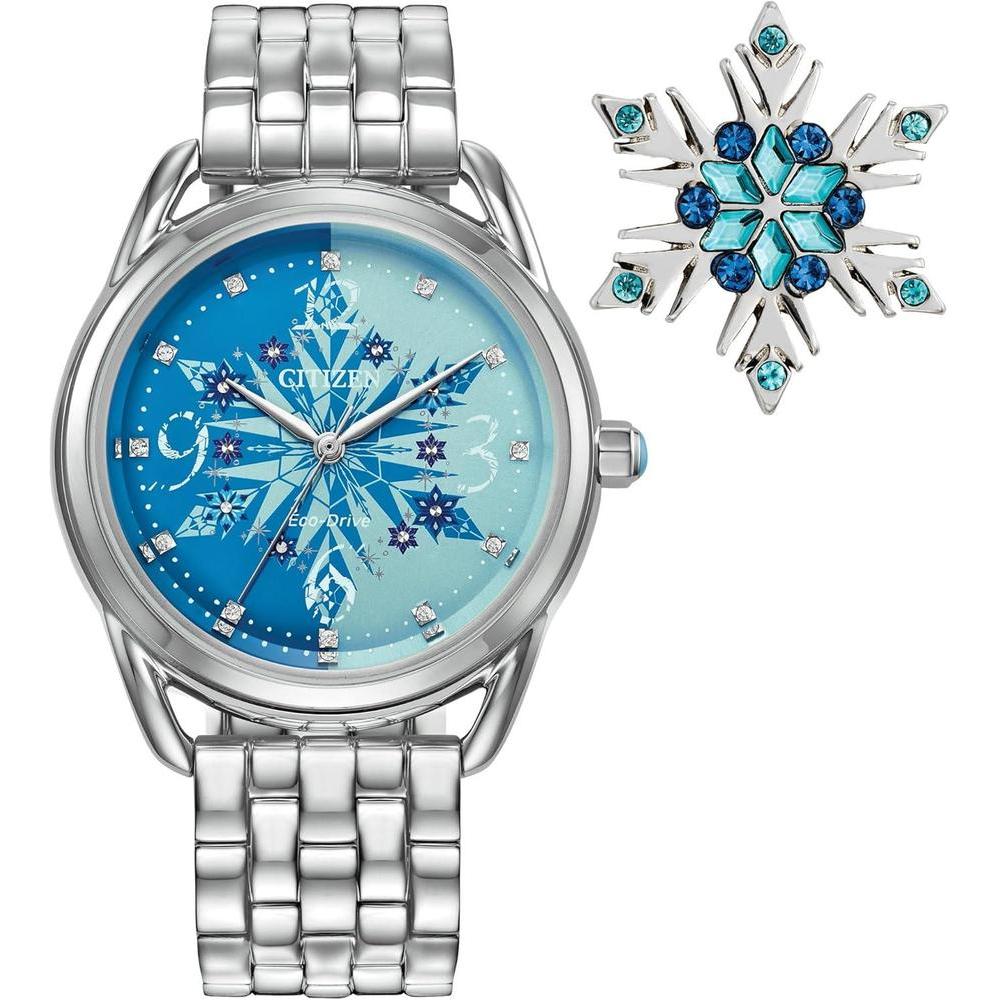 Citizen Women's Eco-Drive Disney Princess Frozen Crystal Watch and Pin Gift Set in Silver Stainless Steel Watch, Blue Dial (Model: FE7091-61W)