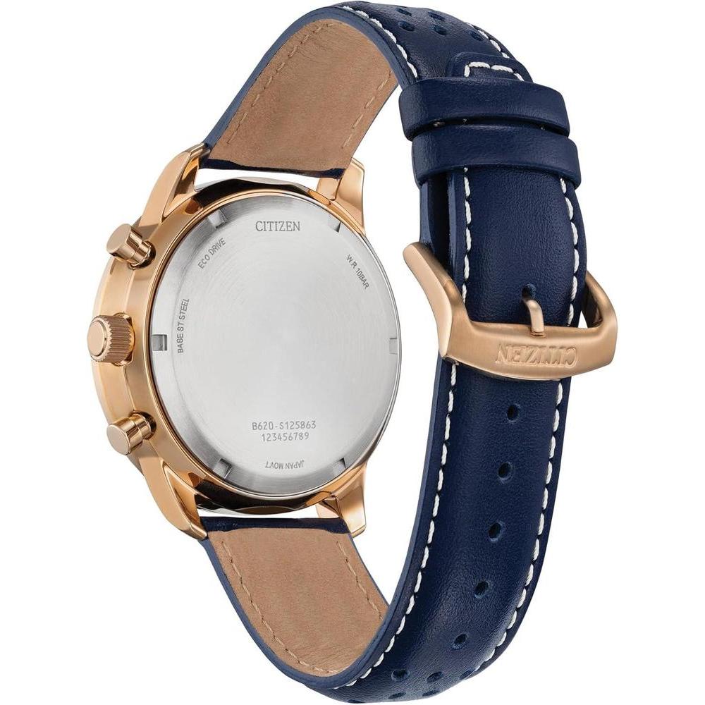 Citizen Eco-Drive Weekender Sport Casual Cronógrafo en acero inoxidable oro rosa, correa de cuero azul, esfera azul