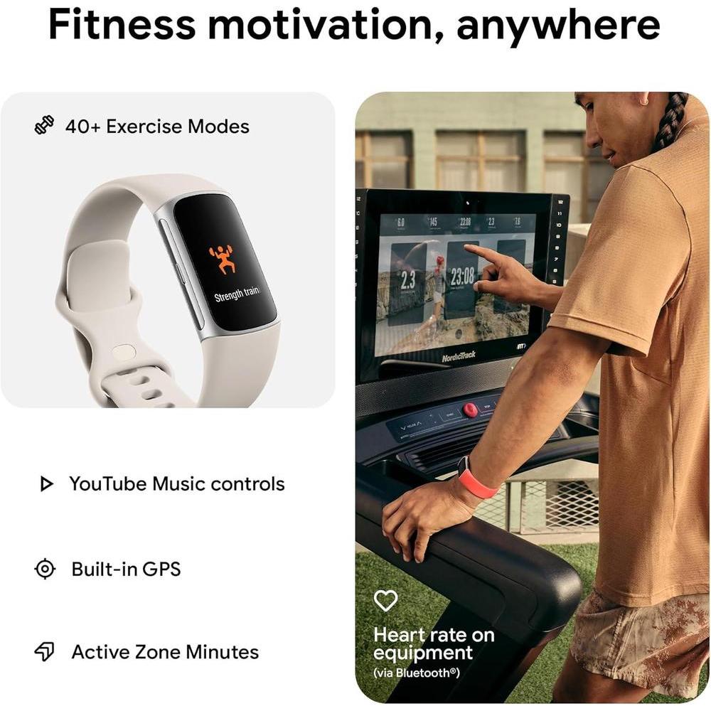 Fitbit Charge 6 - Rastreador de ejercicios con frecuencia cardíaca, GPS, membresía premium, herramientas de salud, porcelana/plata