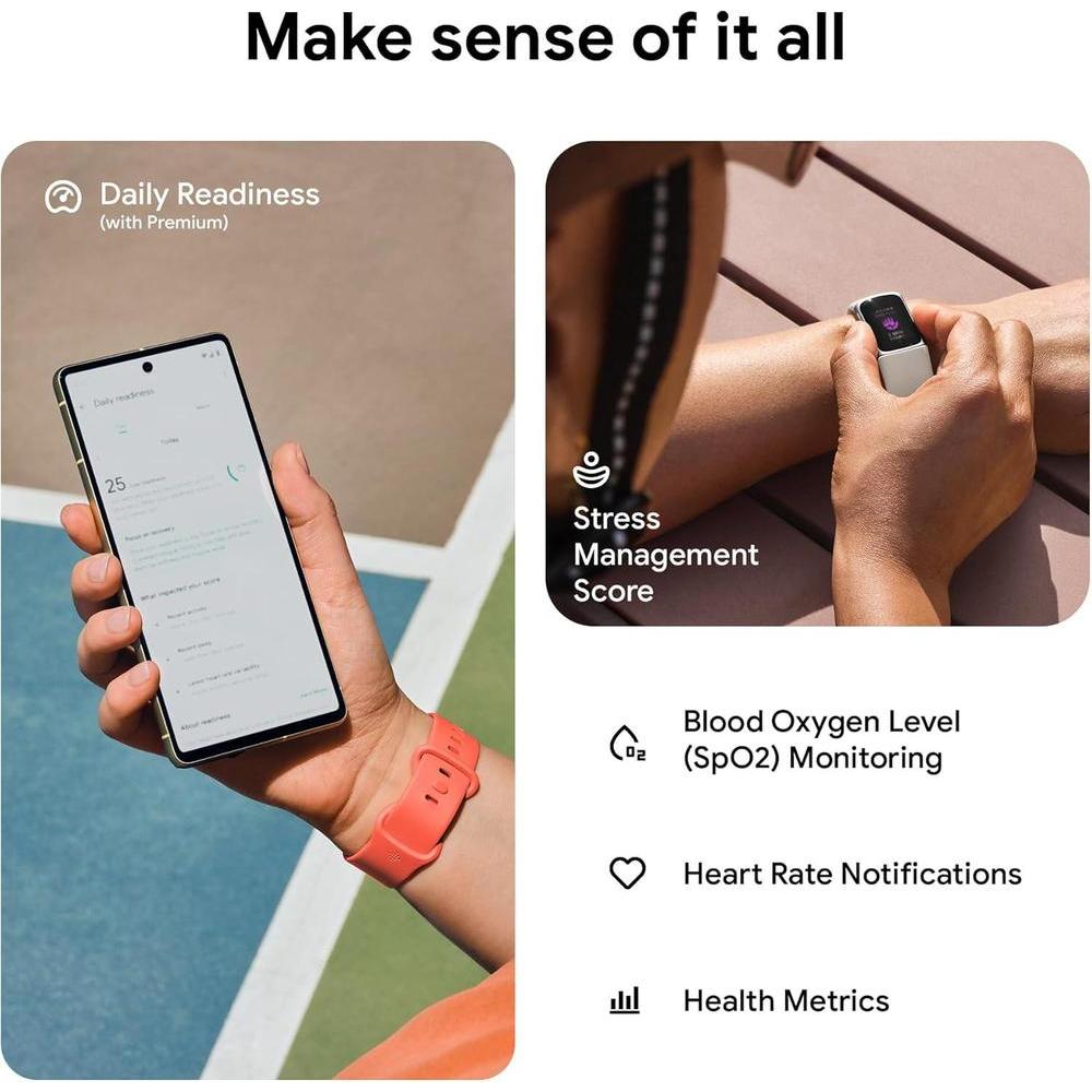 Fitbit Charge 6 - Rastreador de ejercicios con frecuencia cardíaca, GPS, membresía premium, herramientas de salud, porcelana/plata
