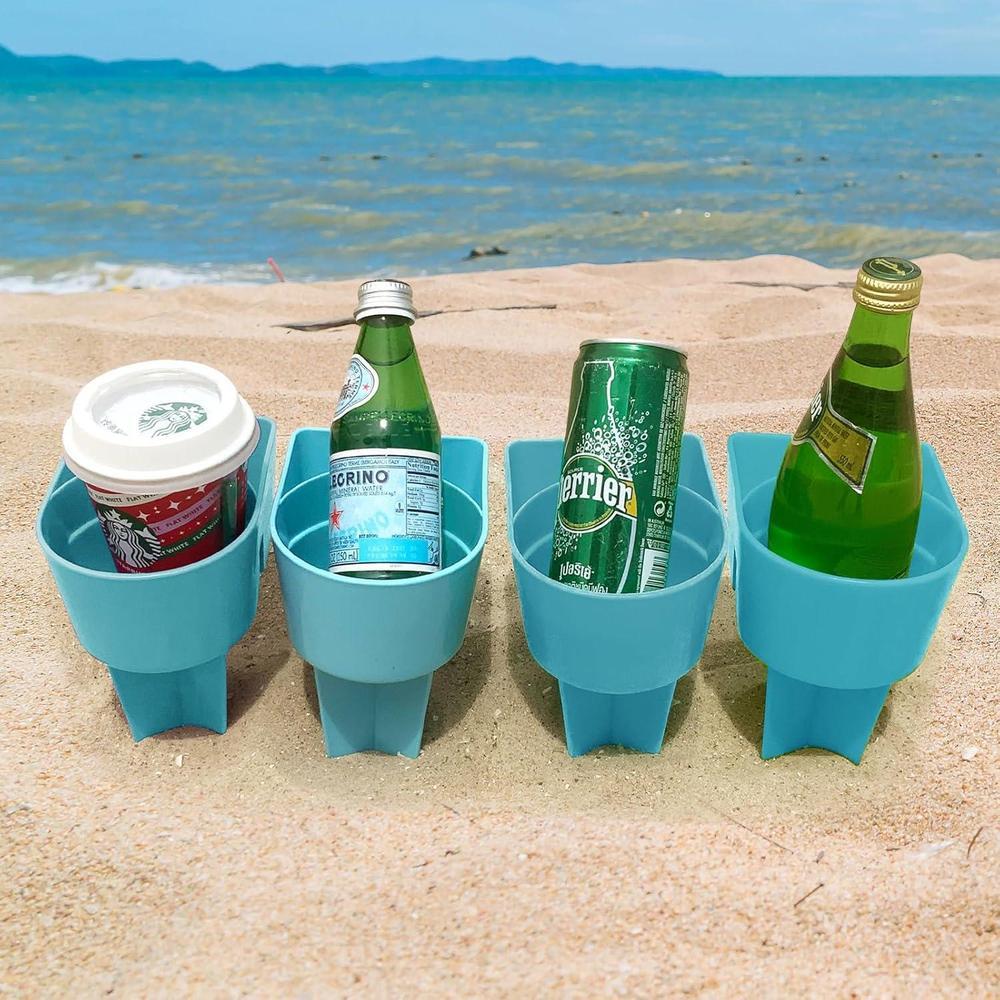 Beach Cup Holder with Pocket, Multifunctional Sand Cup Holder for Beverage Phone Sunglass Key, Beach Accessory Drink Sand Coaster, 4PCS (Blue)