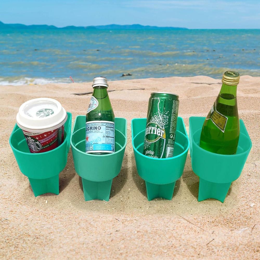 Beach Cup Holder with Pocket, Multifunctional Sand Cup Holder for Beverage Phone Sunglass Key, Beach Accessory Drink Sand Coaster, 4PCS (Teal)