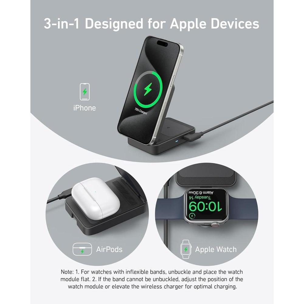 Estación de carga inalámbrica 3 en 1 Anker MagGo para iPhone, AirPods y Apple Watch con MagSafe, carga rápida y diseño compacto
