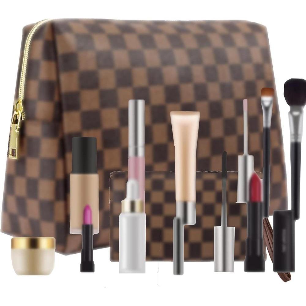 Bolsa de maquillaje de cuero grande a cuadros con gran capacidad, paquete de 2, diseño elegante y ligero para mujeres
