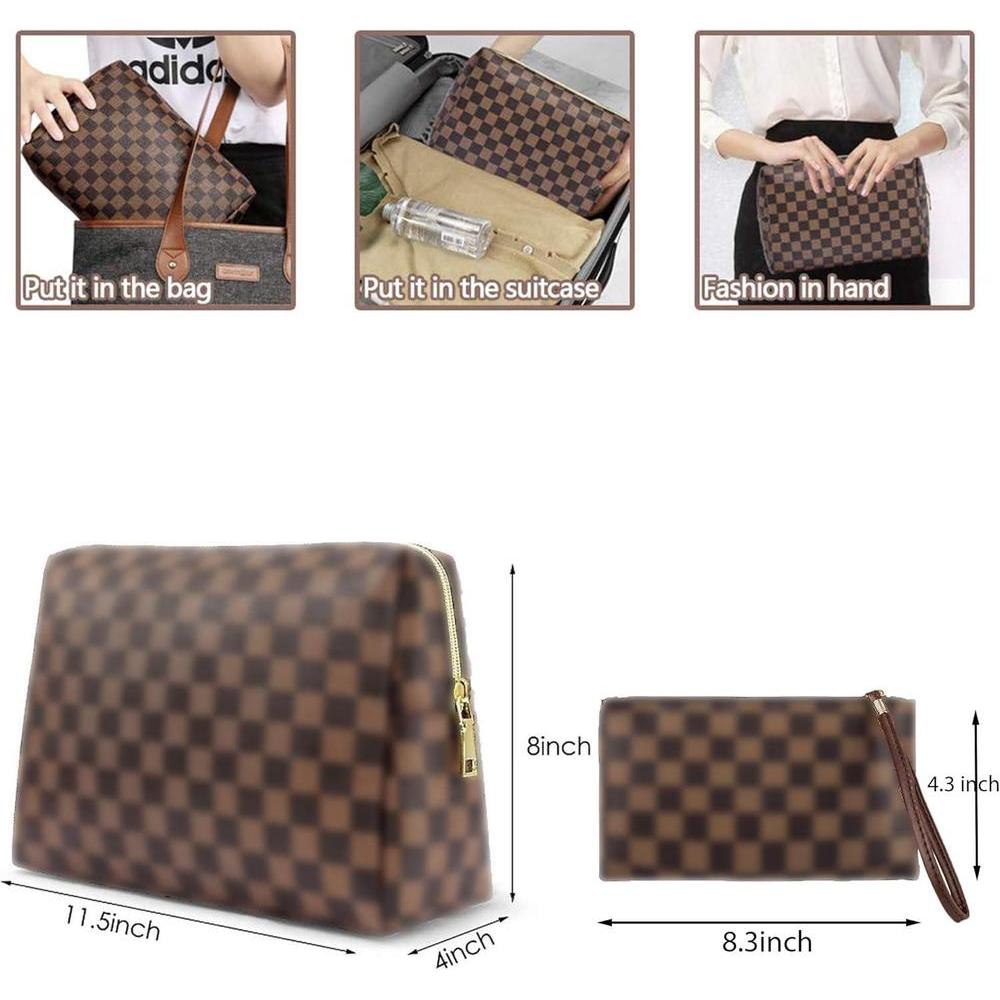 Bolsa de maquillaje de cuero grande a cuadros con gran capacidad, paquete de 2, diseño elegante y ligero para mujeres