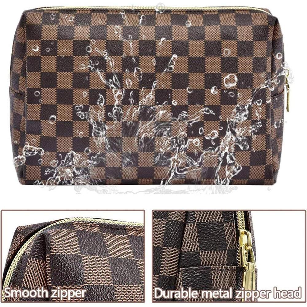 Bolsa de maquillaje de cuero grande a cuadros con gran capacidad, paquete de 2, diseño elegante y ligero para mujeres