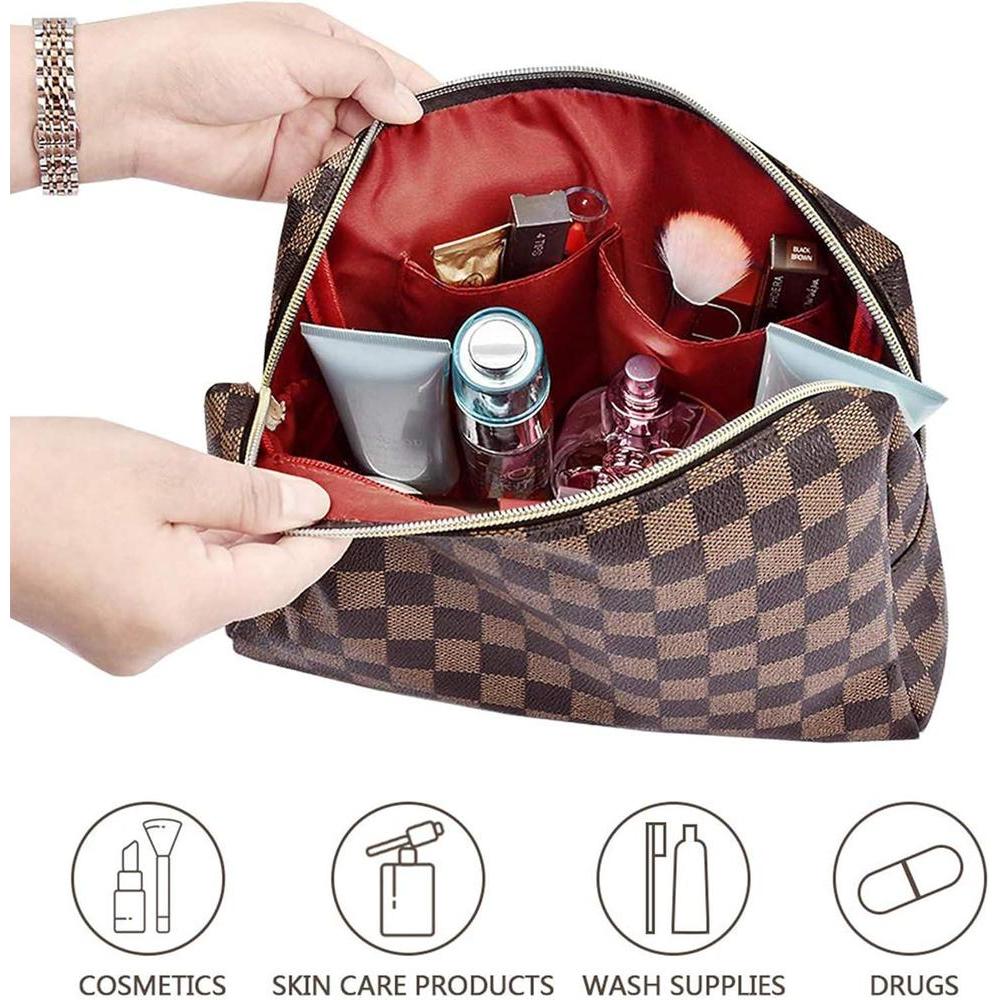 Bolsa de maquillaje de cuero grande a cuadros con gran capacidad, paquete de 2, diseño elegante y ligero para mujeres