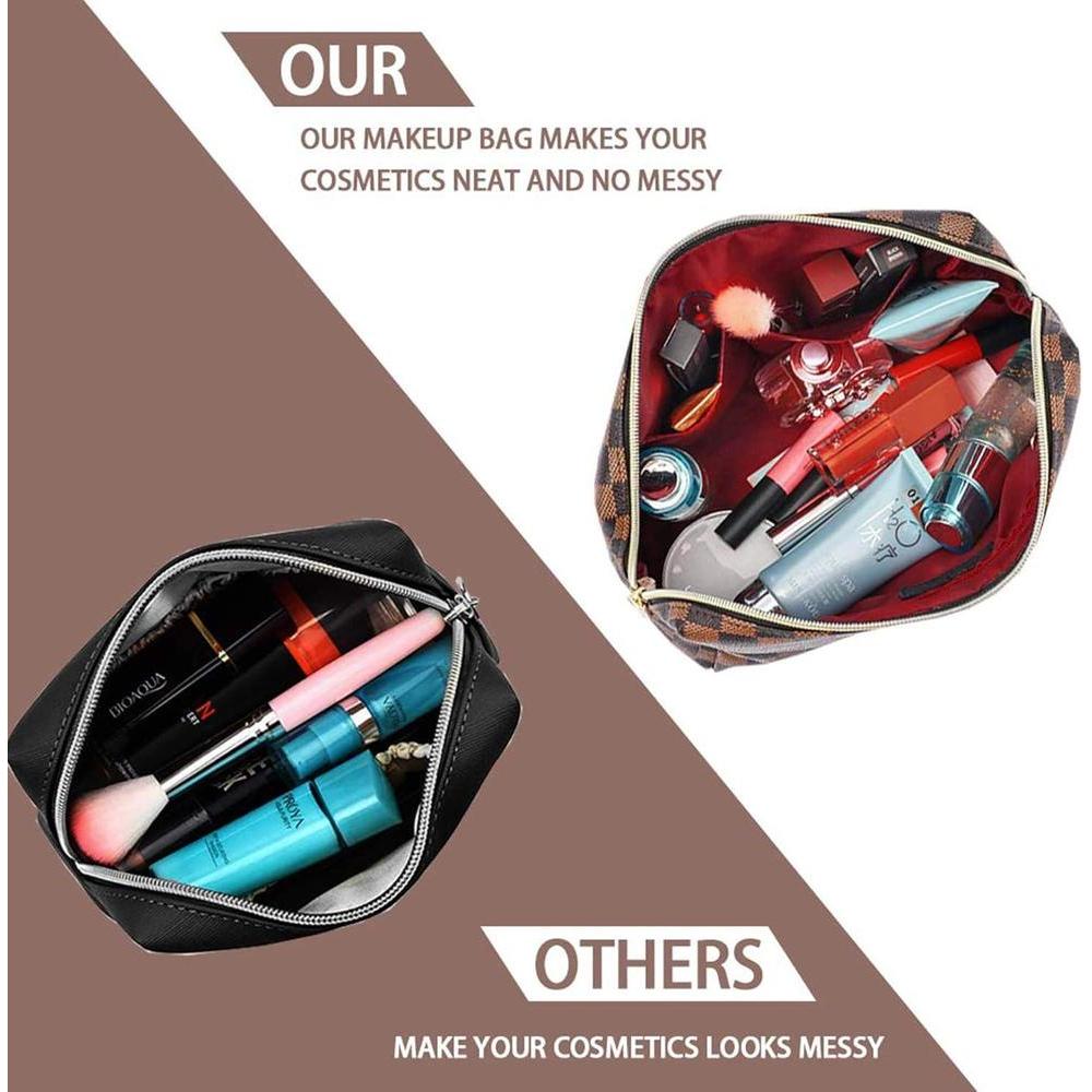Bolsa de maquillaje de cuero grande a cuadros con gran capacidad, paquete de 2, diseño elegante y ligero para mujeres