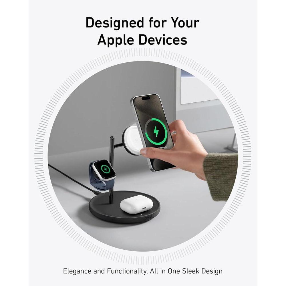 Anker MagGo Estación de Carga Inalámbrica 3 en 1 Compatible con MagSafe para iPhone, Apple Watch y AirPods, Certificación Qi2