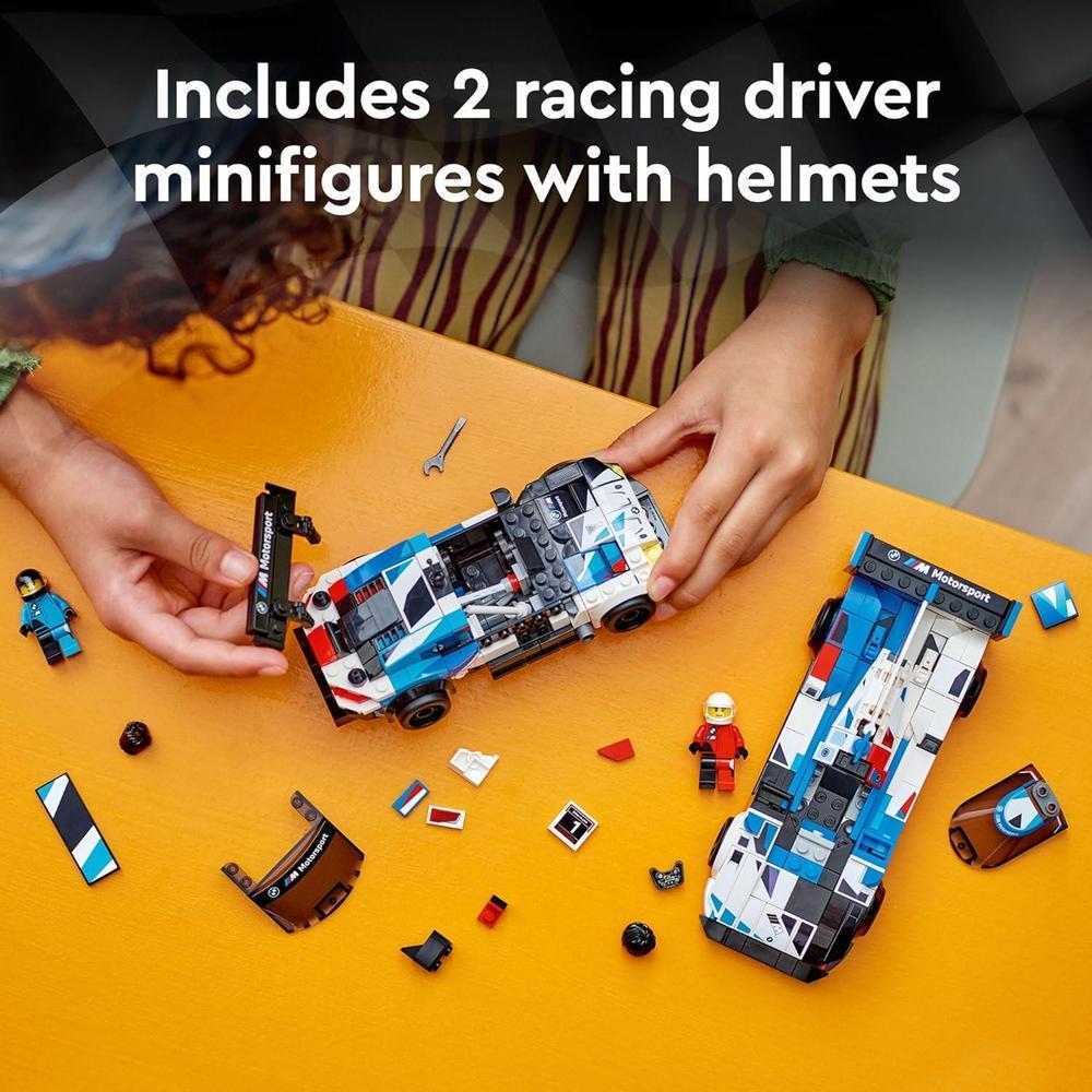 LEGO Speed Champions BMW M4 GT3 y BMW M Hybrid V8 con 2 modelos construibles y 2 minifiguras, regalo ideal para niños desde 9 años