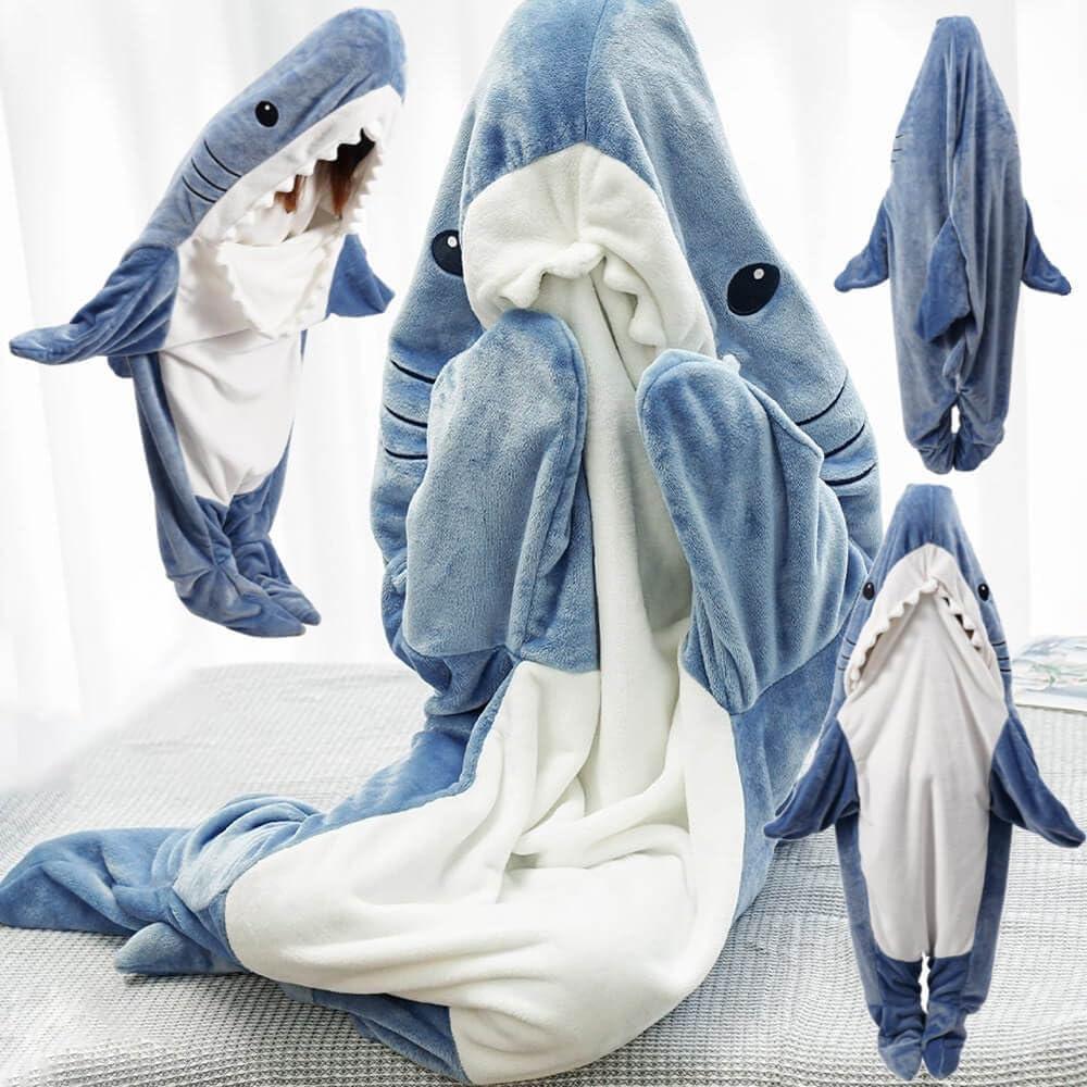 Manta de tiburón con capucha para adultos y niños, manta de tiburón portátil, saco de dormir de tiburón, disfraz de tiburón suave y acogedor