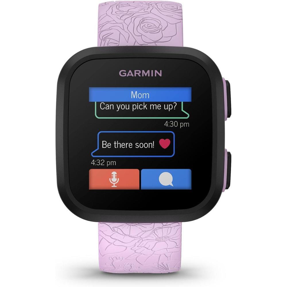 Reloj inteligente Garmin Bounce para niños con texto bidireccional, mensajes de voz y seguimiento de ubicación, lila floral