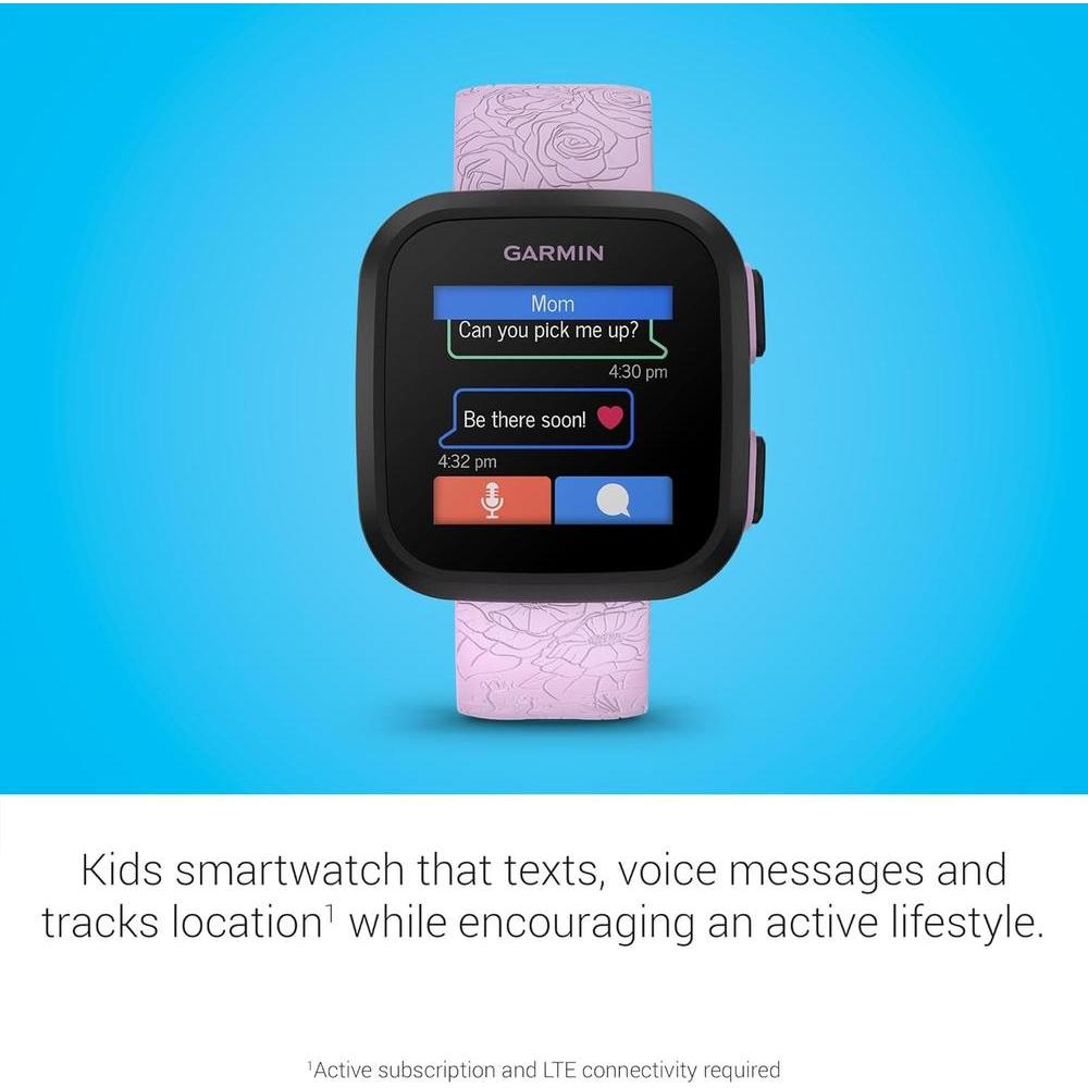 Reloj inteligente Garmin Bounce para niños con texto bidireccional, mensajes de voz y seguimiento de ubicación, lila floral