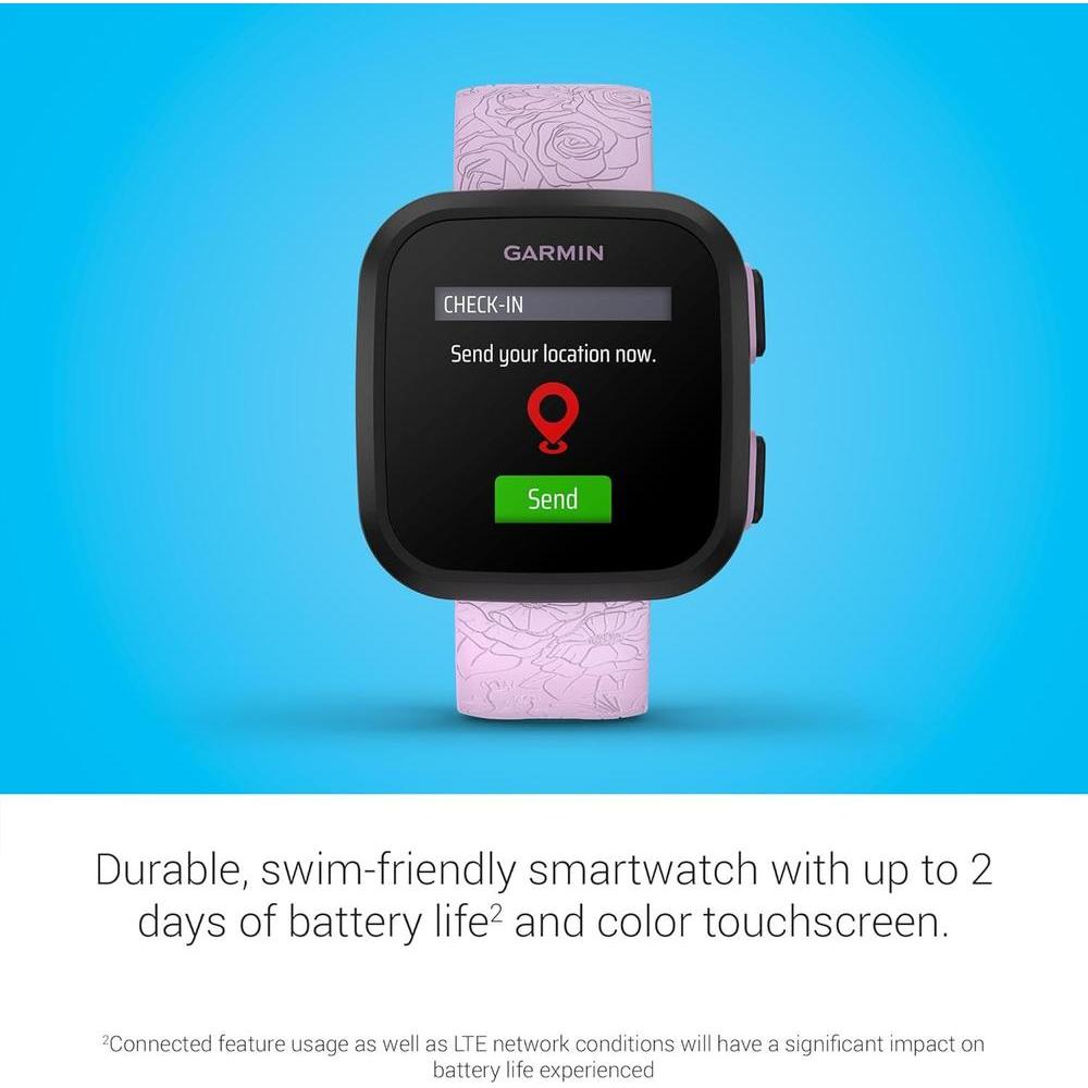 Reloj inteligente Garmin Bounce para niños con texto bidireccional, mensajes de voz y seguimiento de ubicación, lila floral
