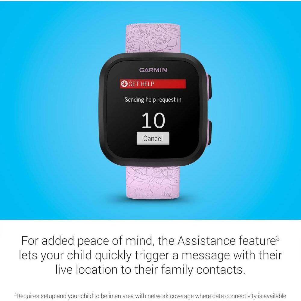 Reloj inteligente Garmin Bounce para niños con texto bidireccional, mensajes de voz y seguimiento de ubicación, lila floral
