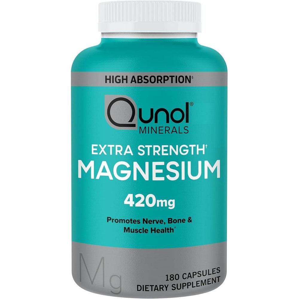 Qunol Cápsulas de magnesio 420 mg, 100% DV, alta absorción, extra fuerza, suplemento para salud ósea y muscular, 180 uds