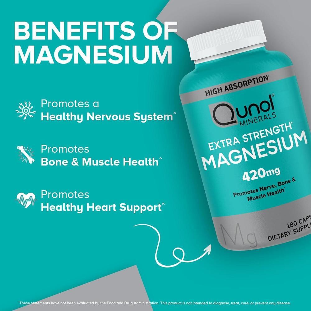 Qunol Cápsulas de magnesio 420 mg, 100% DV, alta absorción, extra fuerza, suplemento para salud ósea y muscular, 180 uds
