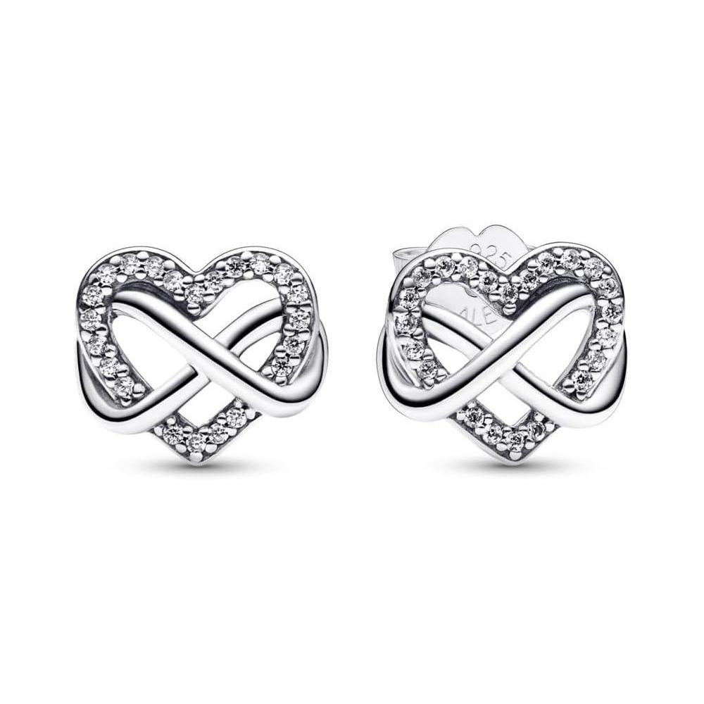 Aretes de tuerca Pandora corazón infinito brillante, plata de ley con circonita cúbica para mujer con caja de regalo