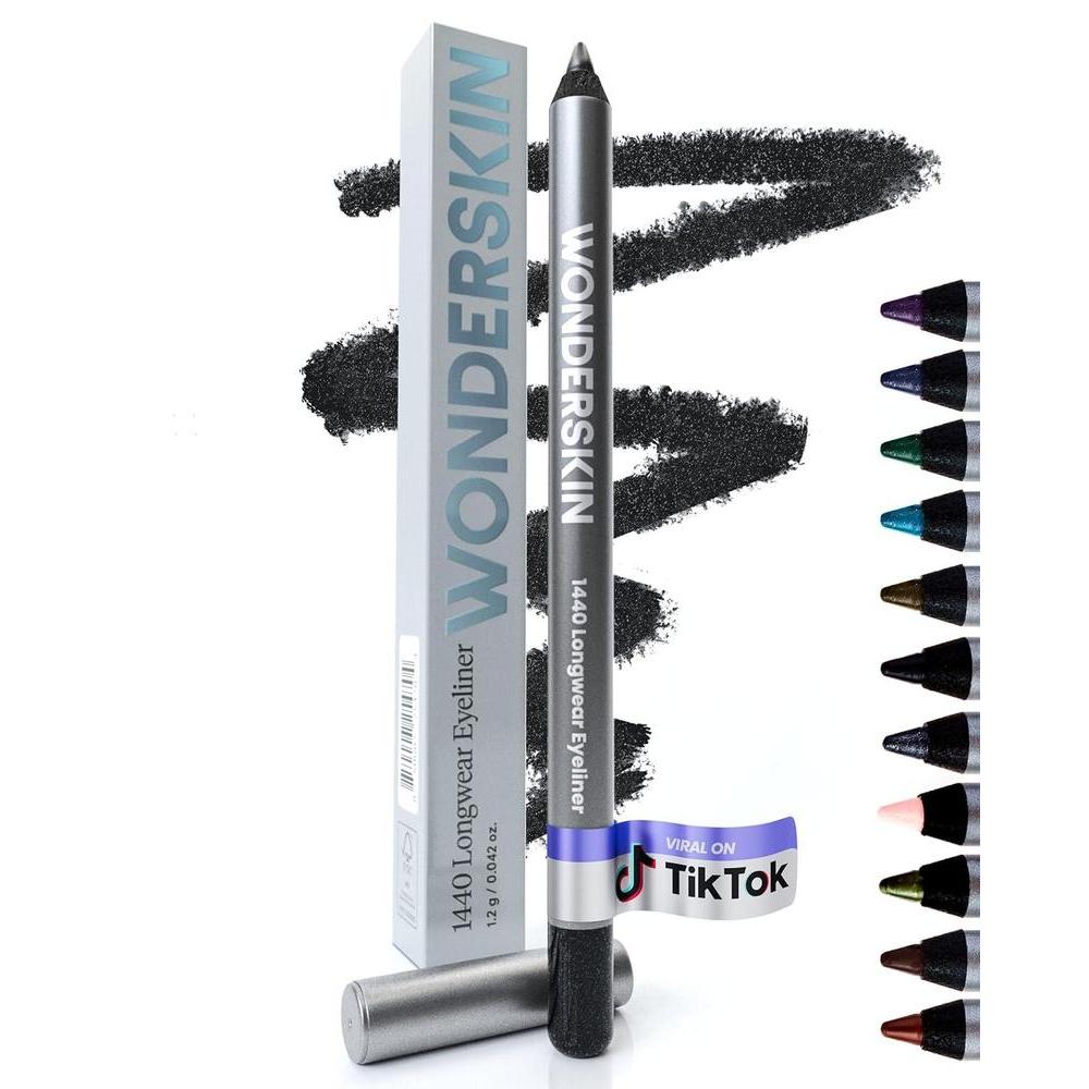Wonderskin Lápiz delineador de ojos, 1440 Lápiz delineador de ojos de larga duración con brillo negro - Impermeable, afilable y a prueba de manchas