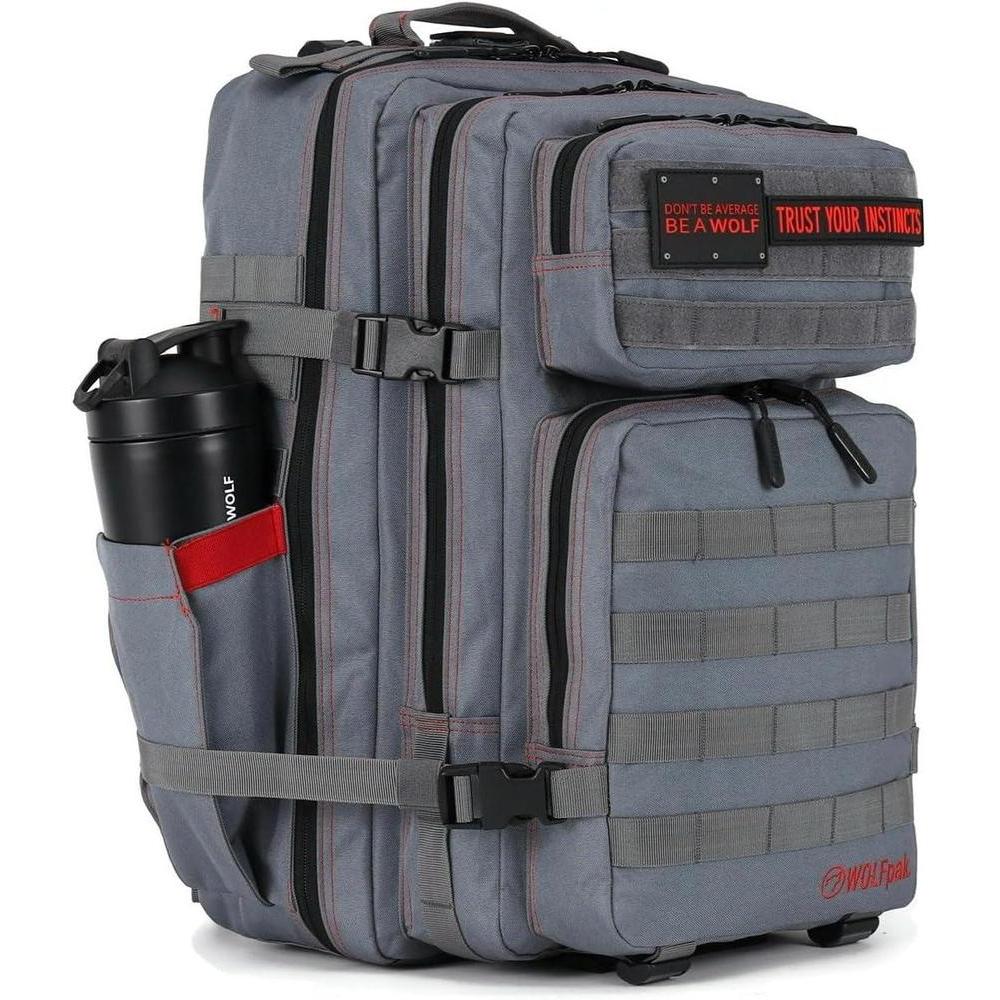 Mochila táctica WOLFpak de 45L color yunque gris para camping, senderismo, gimnasio, personalizable con parches y resistente al agua