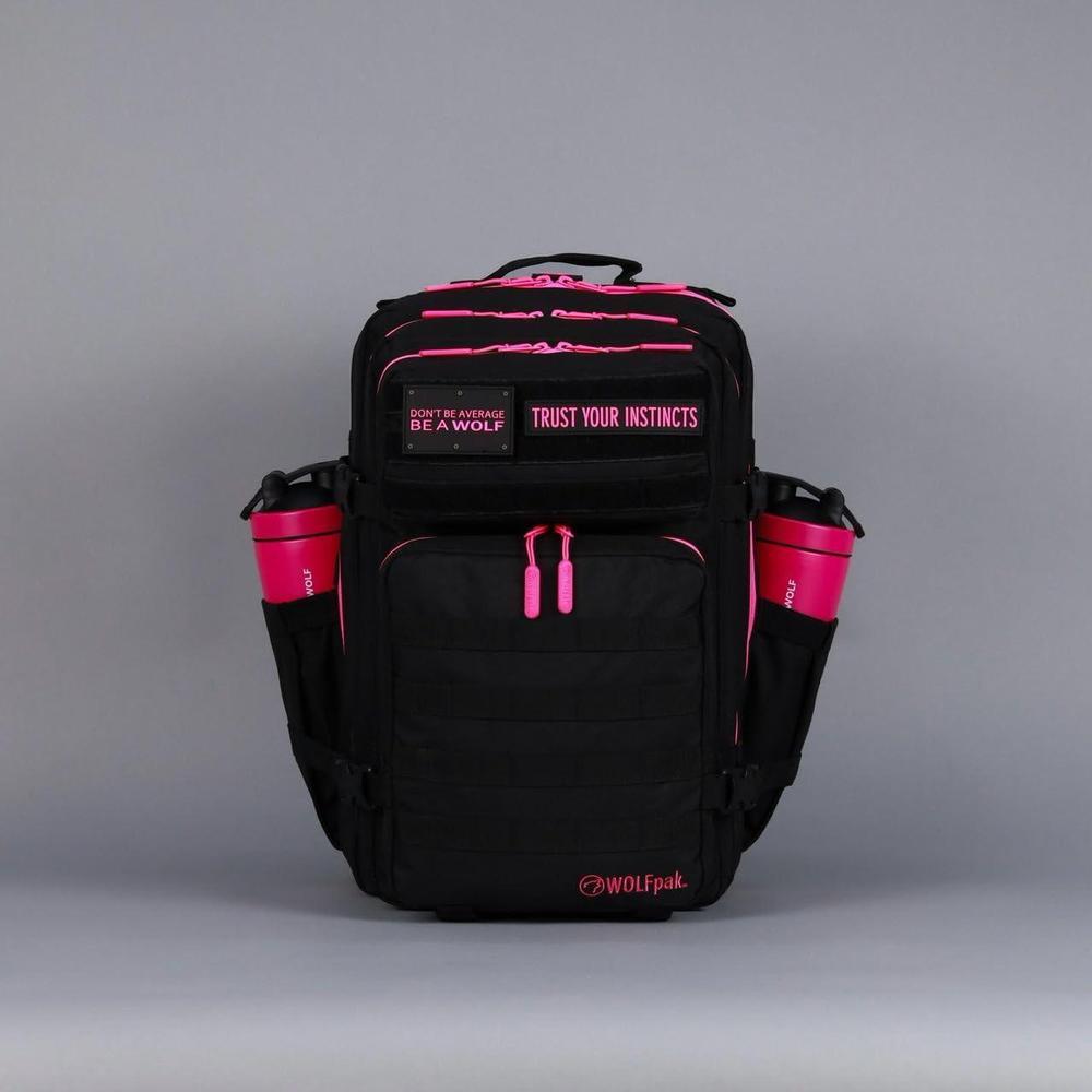 WOLFpak Mochila para portátil 45L rosa neón, táctica y resistente al agua, con parches personalizables y apertura de 180 grados