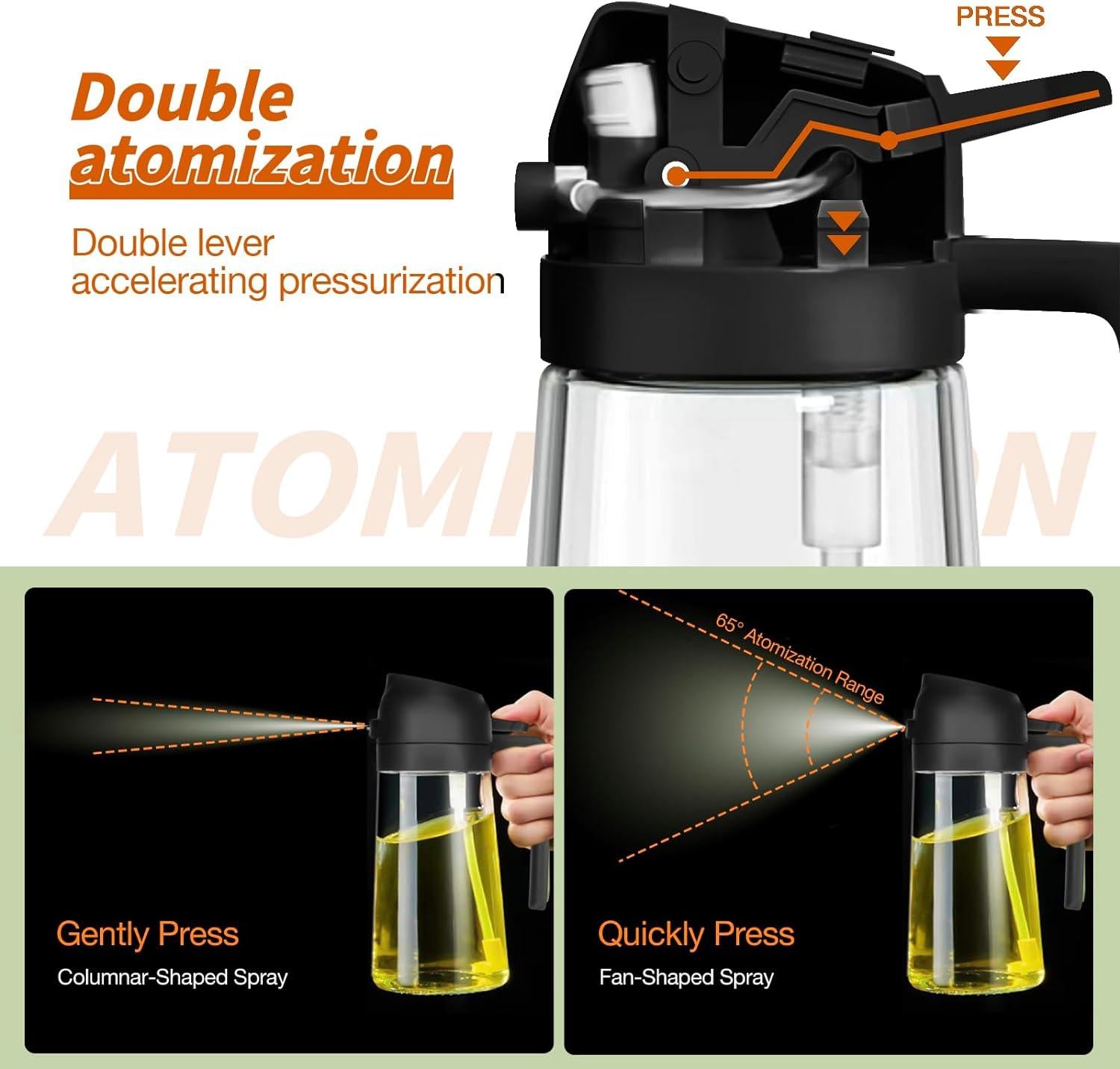 Dispensador de aceite de oliva, pulverizador de aceite 2 en 1 para cocinar, botella de aceite de vidrio de 17 oz/16.9 fl oz con vertedor, dispensador de aceite de grado alimenticio y