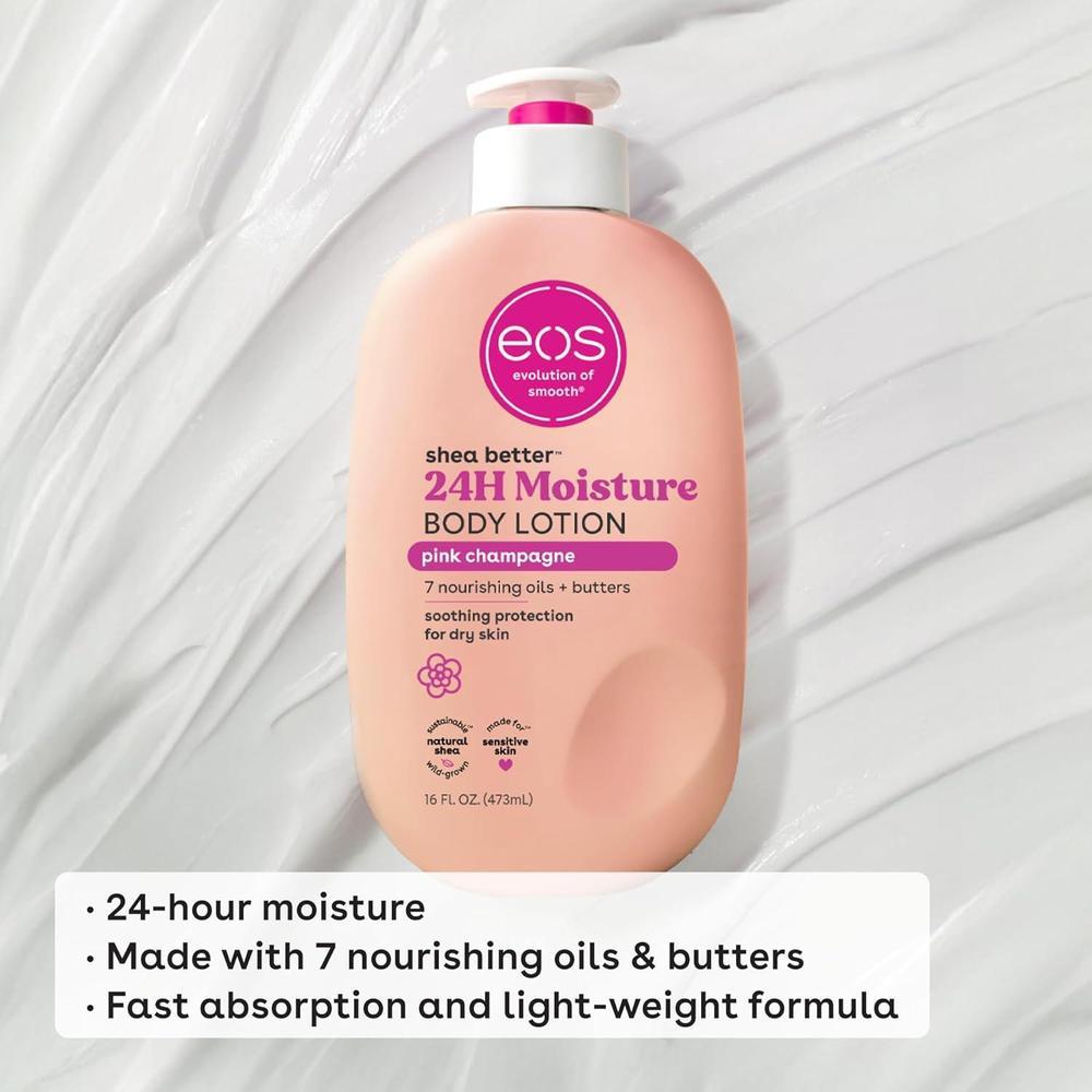 eos Crema Corporal para Cuidado de la Piel con Manteca de Karité Natural, Hidratante 24 Horas, Ligera y Sin Grasa, Sabor Champán Rosado